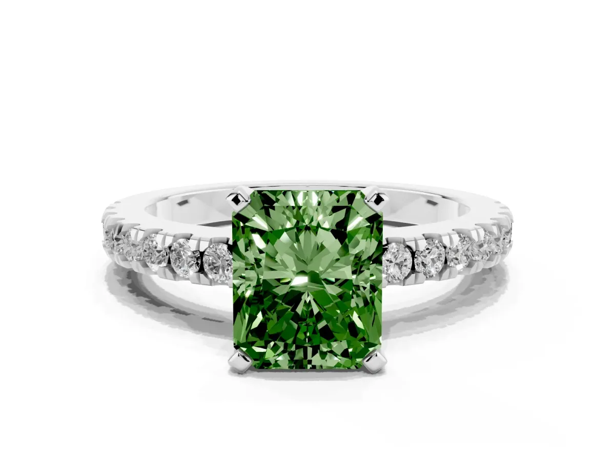 Fancy Green Radiant Cut Solitaire Diamond with Pavé Band and Four-Prong Setting White gold