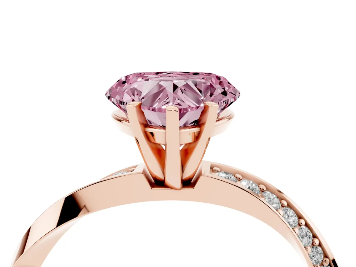Fancy Pink Heart Cut Diamond Engagement Ring with Side Stone Accents and Four-Prong Setting Rose gold