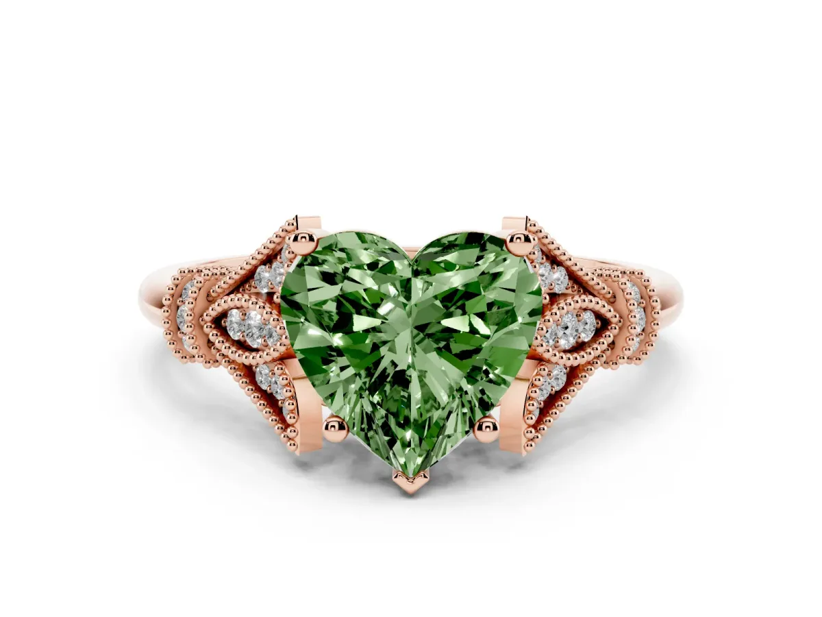 Fancy Green Heart Cut Diamond Solitaire Ring with Floral Filigree and Pave Accents Rose gold