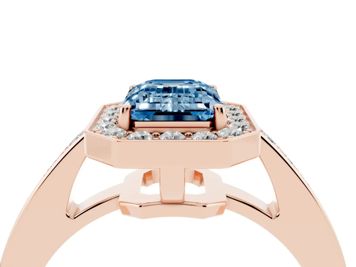 Fancy Blue Emerald Cut Halo Pavé Diamond Engagement Ring with Bezel Setting Rose gold
