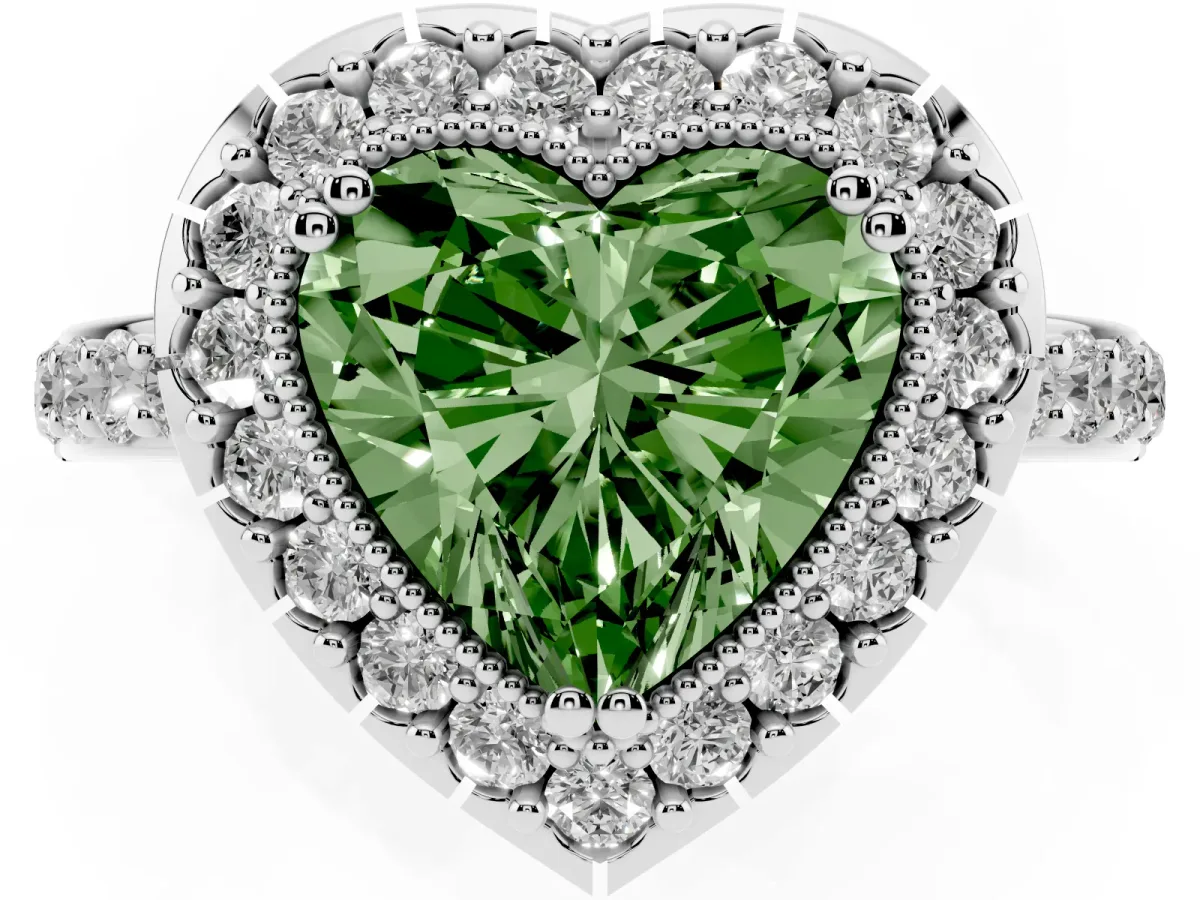 Fancy Green Heart Cut Diamond Halo Ring with Pavé Band and Prong Setting Platinum
