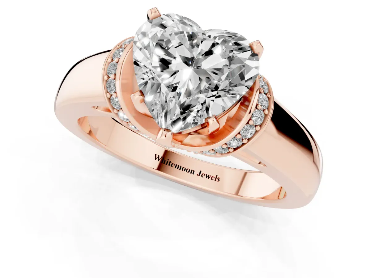 Heart Cut Solitaire Diamond Ring with Pave Band and Six-Prong Setting Rose gold