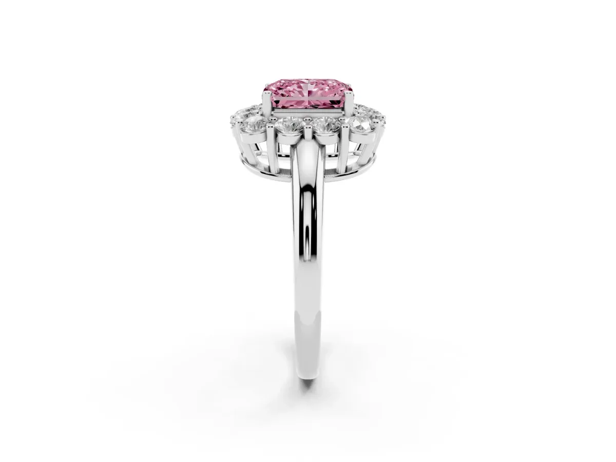 Fancy Pink Radiant Cut Halo Cluster Diamond Engagement Ring with Prong Setting and Polished Band Platinum