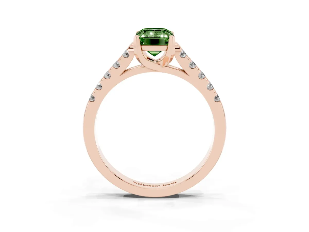Fancy Green Emerald Cut Diamond Pavé Band Solitaire Ring with Prong Setting Rose gold
