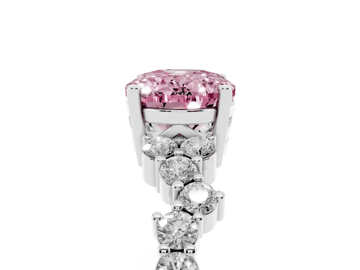 Fancy Pink Oval Cut Diamond Scattered Round Accent Ring with Prong Setting Platinum