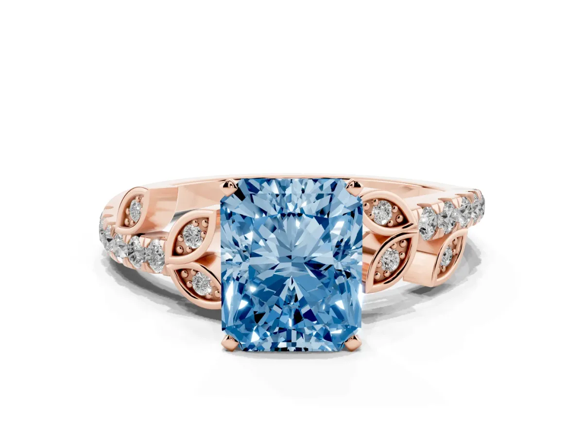 Fancy Blue Radiant Cut Solitaire Leaf-Inspired Diamond Ring with Pavé Band and Four-Prong Setting Rose gold