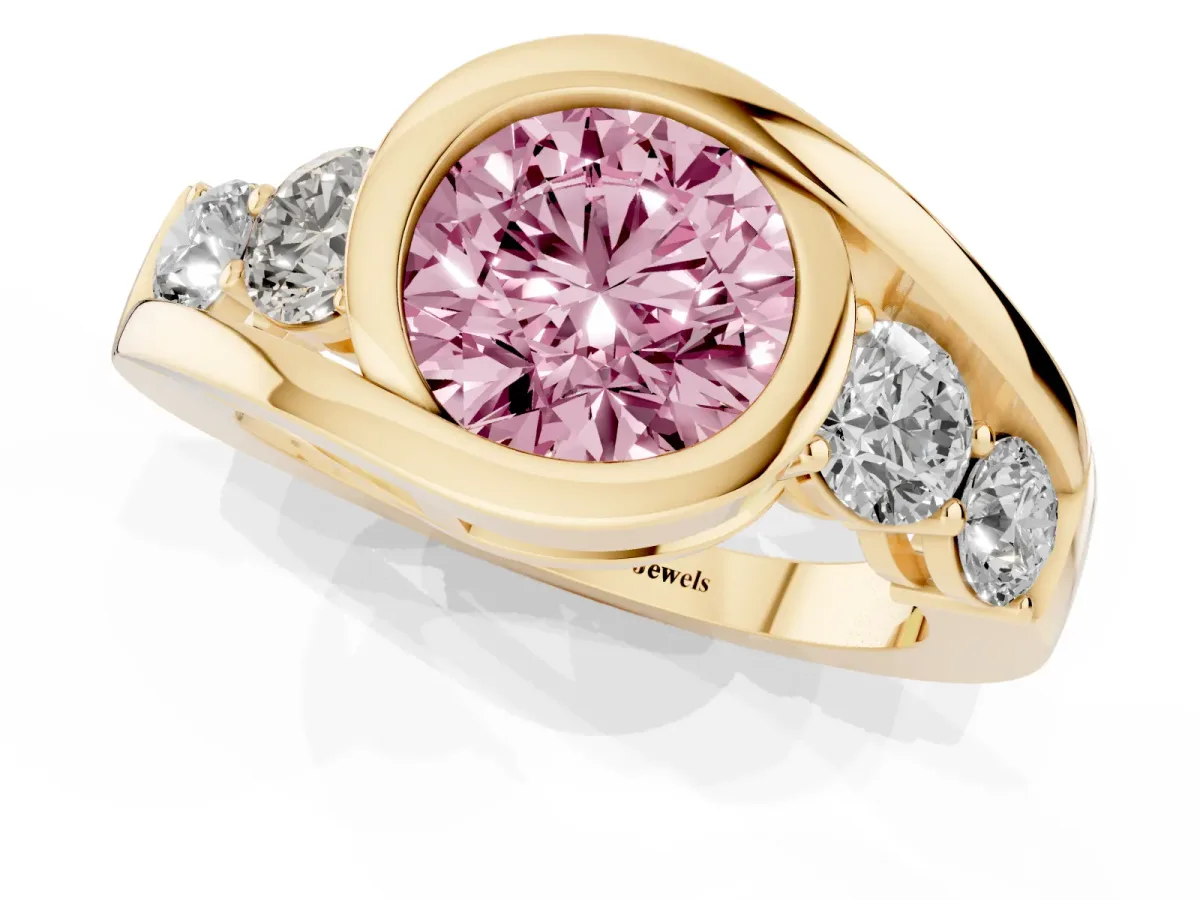 Fancy Pink Bezel Set Round Cut Diamond Bypass Ring with Round Accents Yellow gold