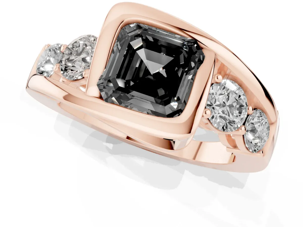 Fancy Black Bezel Set Asscher Cut Diamond Bypass Ring with Round Accents Rose gold