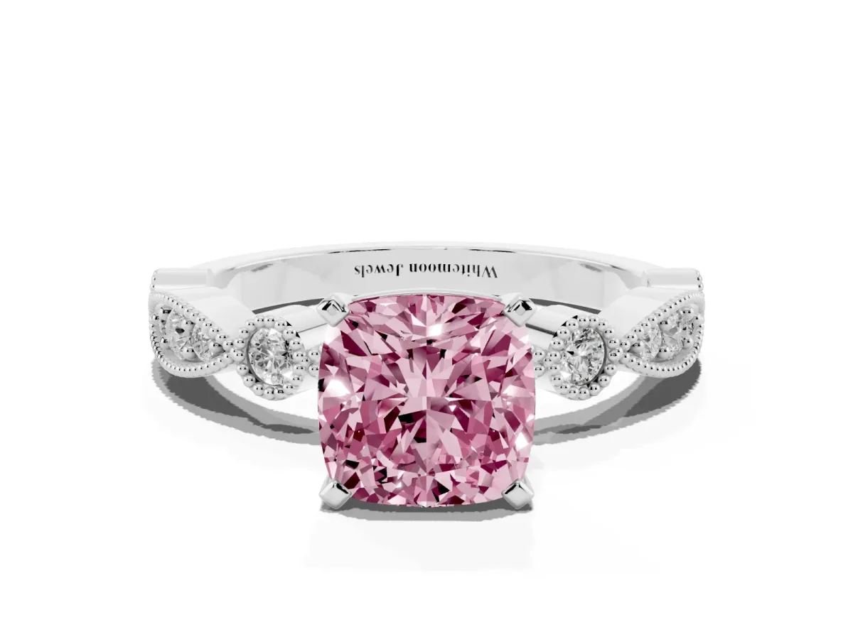 Fancy Pink Cushion Cut Milgrain Bezel Diamond Engagement Ring with Solitaire Prong Setting Silver
