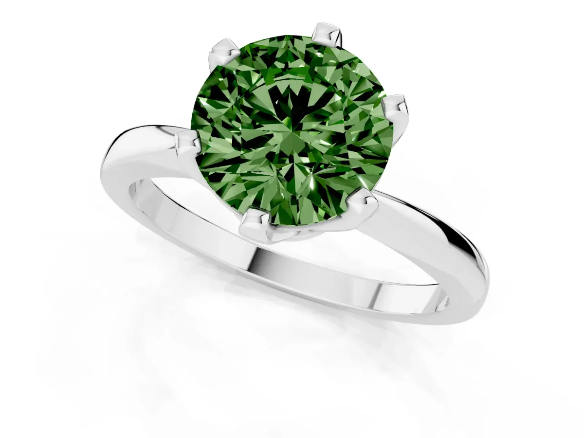 Fancy Green Round Cut Solitaire Engagement Ring with Six-Prong Setting and Tapered Band Platinum