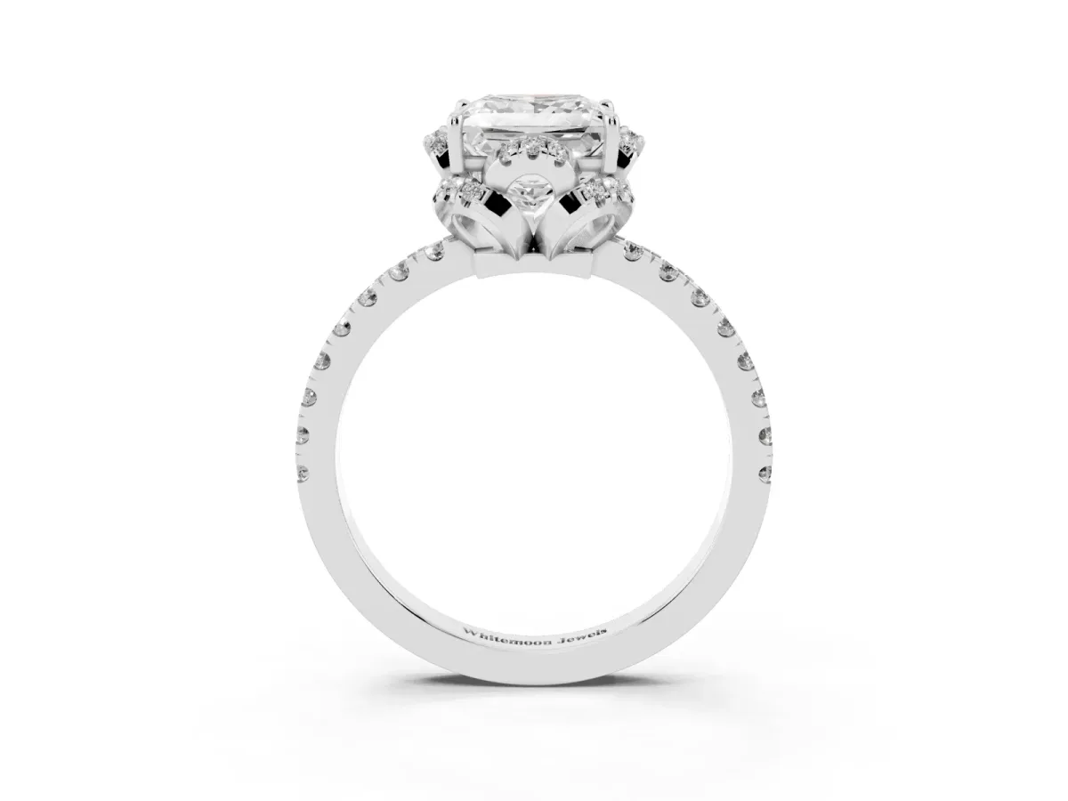 Princess Cut Diamond Halo Pave Band with Four-Prong Setting Silver