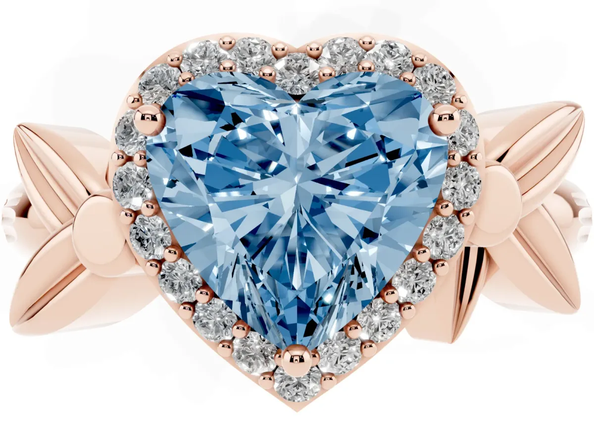 Fancy Blue Heart Cut Halo Diamond Floral Band with Four-Prong Setting Rose gold
