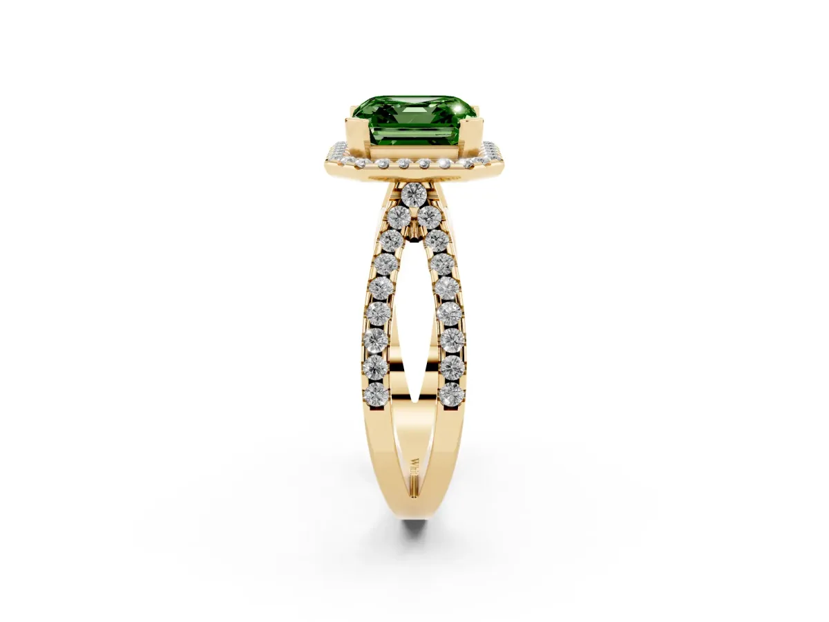 Fancy Green Asscher Cut Diamond Halo Ring with Split Shank Pavé Band and Prong Setting Yellow gold