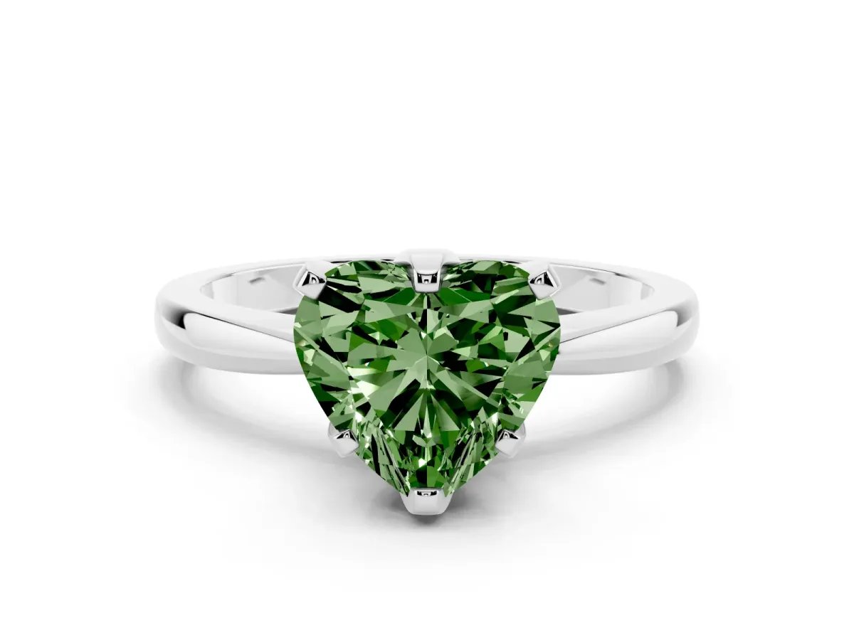 Fancy Green Heart Cut Solitaire Engagement Ring with Six-Prong Setting and Tapered Band Silver