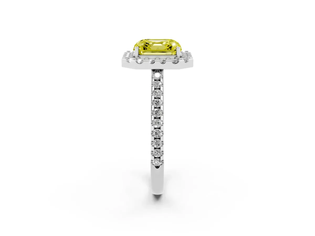 Fancy Yellow Asscher Cut Diamond Pavé Halo Ring with Four-Prong Setting Silver