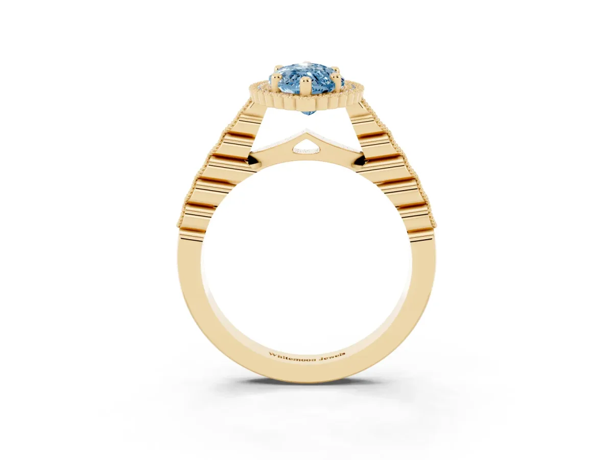 Fancy Blue Marquise Cut Cut Halo Pavé Solitaire Ring with Milgrain Band Yellow gold