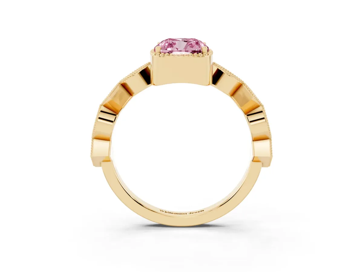 Fancy Pink Cushion Cut Milgrain Marquise Diamond Twist Band Ring Yellow gold