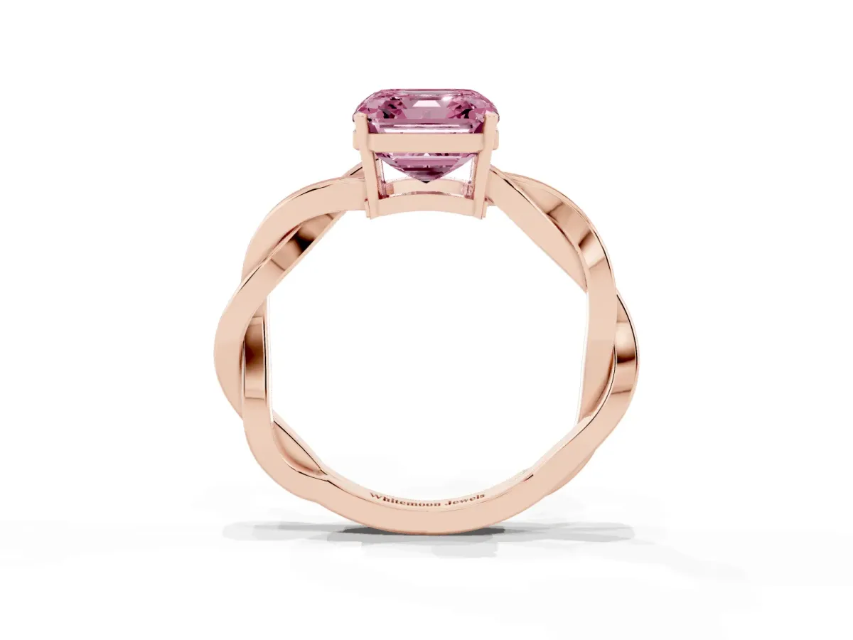 Fancy Pink Asscher Cut Solitaire Twisted Pave Diamond Ring with Four-Prong Setting Rose gold