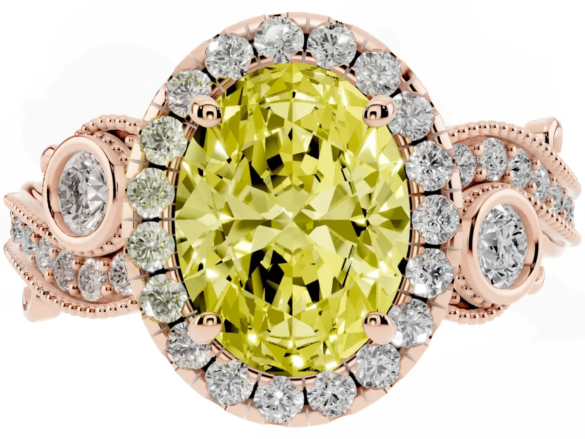 Fancy Yellow Oval Cut Diamond Halo Ring with Milgrain Pavé Band and Four-Prong Setting Rose gold