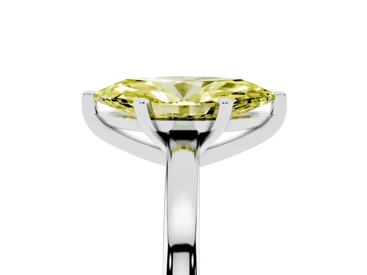 Fancy Yellow Marquise Cut Solitaire Diamond Engagement Ring with Four-Prong Setting on a Classic Band Platinum
