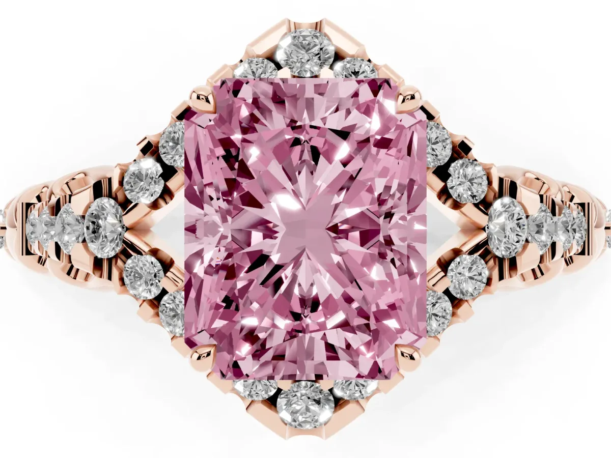 Fancy Pink Radiant Cut Diamond Solitaire Ring with Hidden Halo and Pavé Band Rose gold