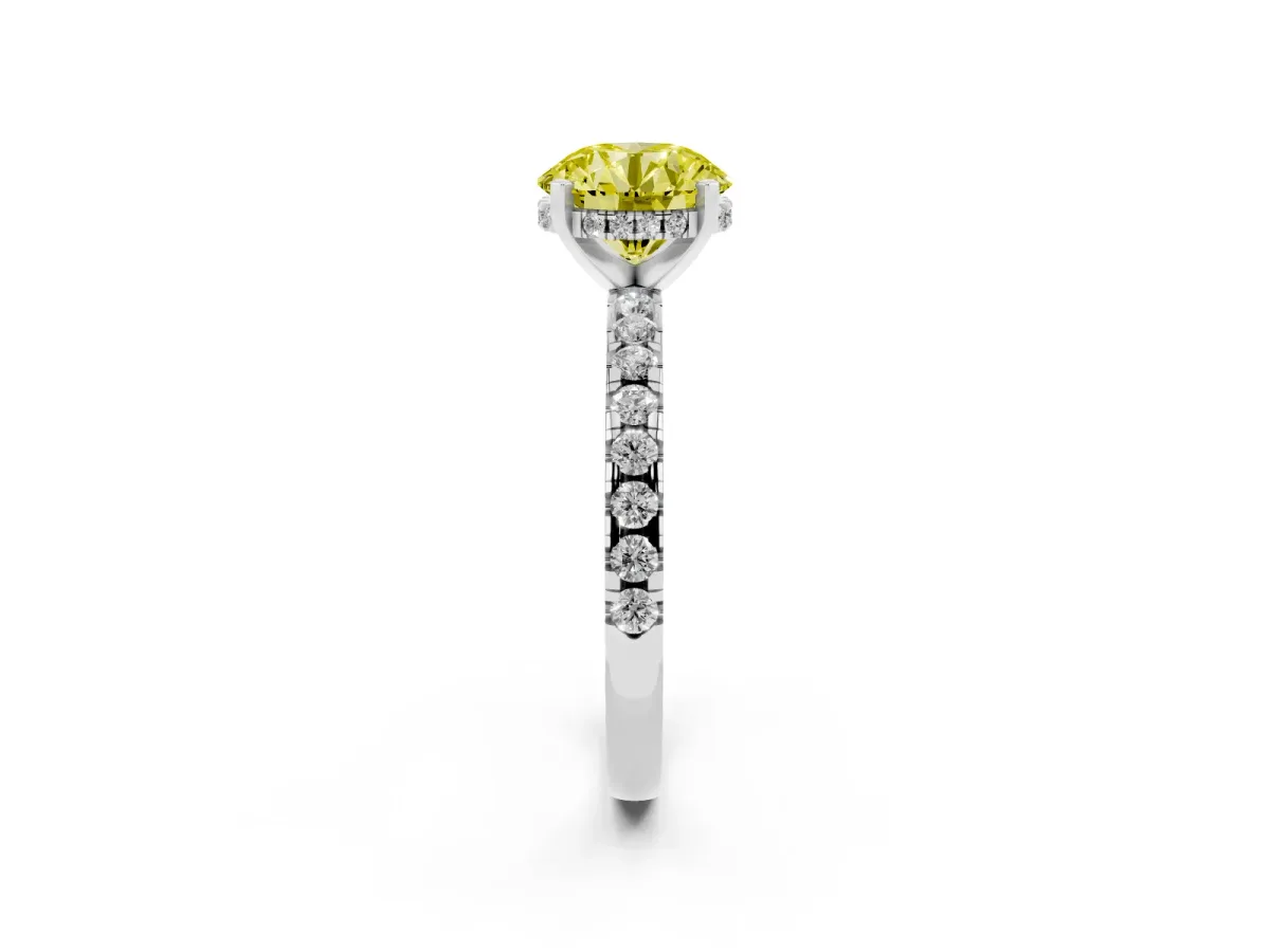 Fancy Yellow Round Cut Diamond Solitaire Ring with Round Pavé Band and Four-Prong Setting Silver