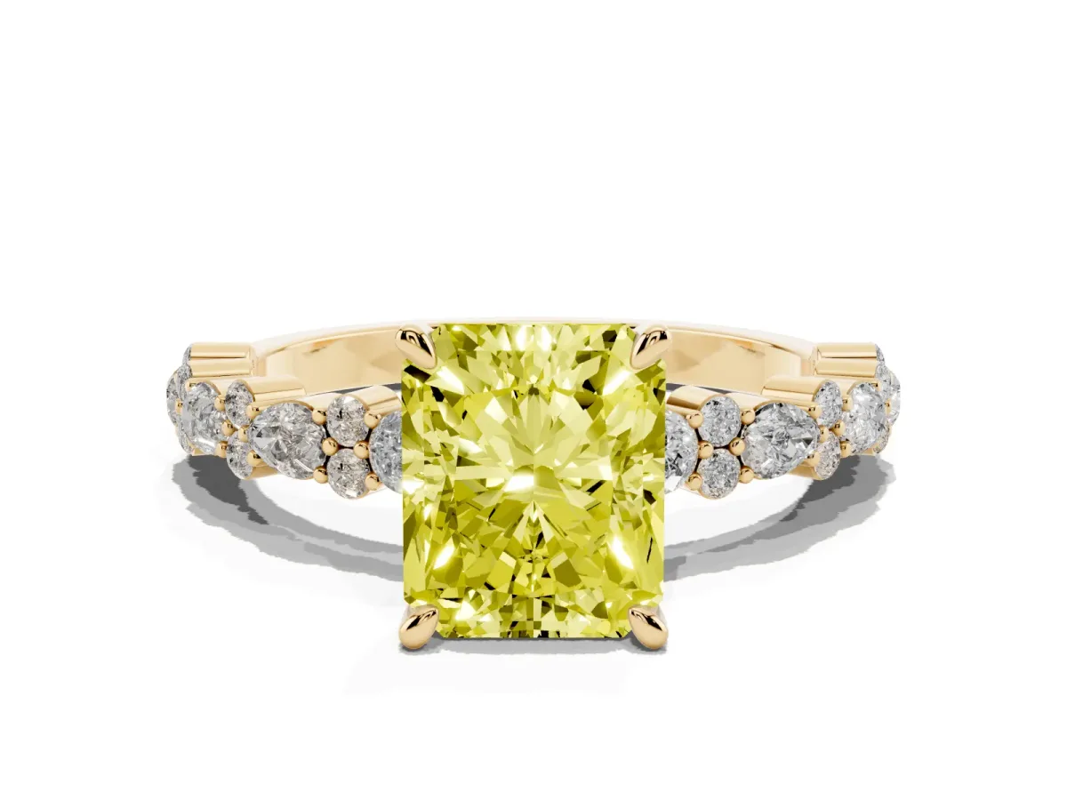 Fancy Yellow Radiant Cut Diamond Side Stone Solitaire Ring with Round and Four-Prong Setting Yellow gold