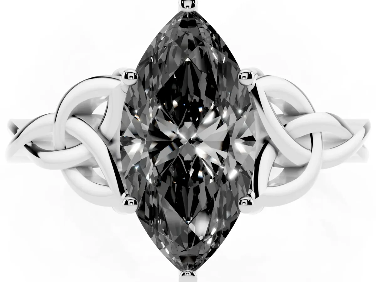 Fancy Black Marquise Cut Diamond Solitaire Engagement Ring with Celtic Knot Band and Four-Prong Setting White gold