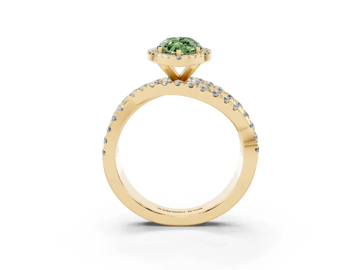 Fancy Green Marquise Cut Diamond Halo Ring with Round Split Shank and Prong Setting Yellow gold