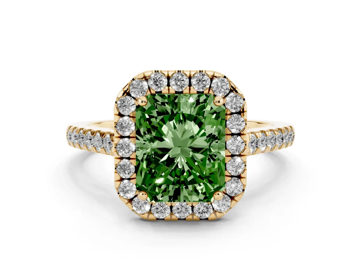 Fancy Green Radiant Cut Halo Pavé Diamond Engagement Ring with Four-Prong Setting Yellow gold