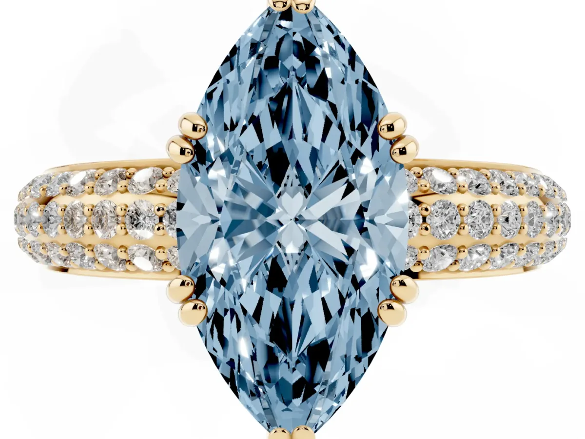 Fancy Blue Marquise Cut Diamond Solitaire Ring with Multi-Row Round Pavé Band and Prong Setting Yellow gold