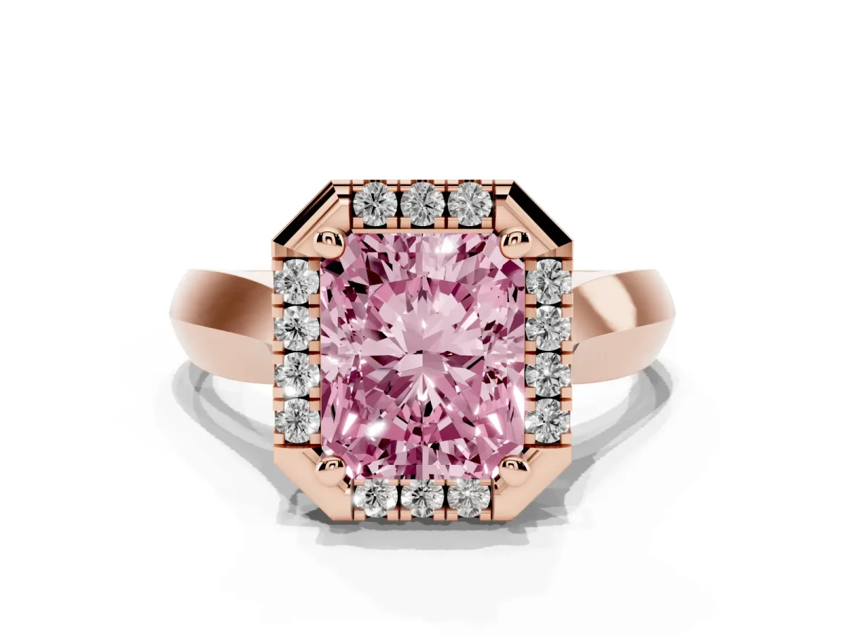 Fancy Pink Radiant Cut Cut Halo Solitaire Engagement Ring with Square Band and Four-Prong Setting Rose gold