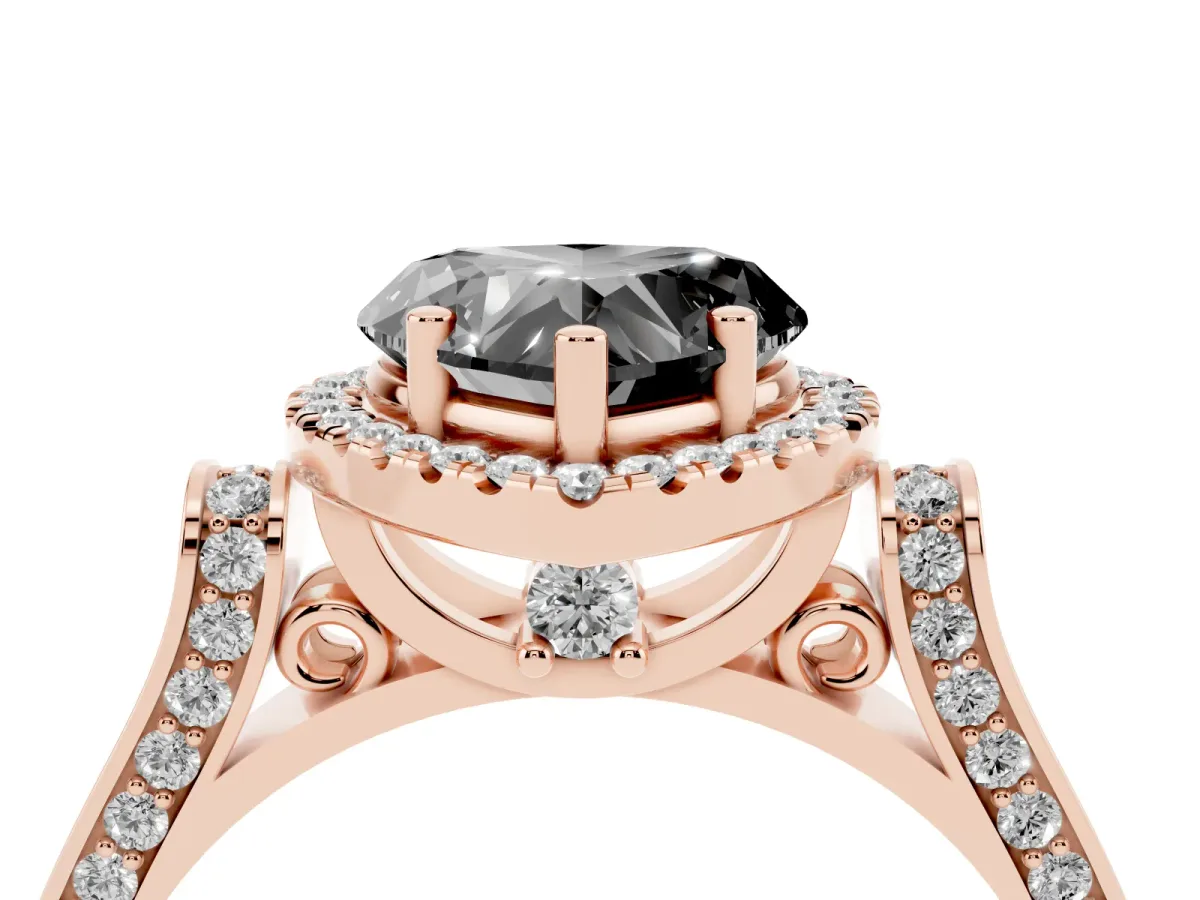 Fancy Black Heart Cut Halo Round Diamond Twist Band with Four-Prong Setting Rose gold