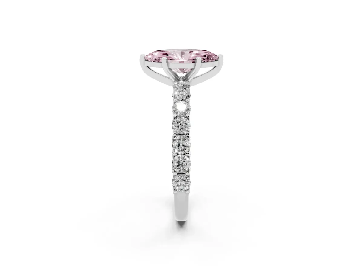 Fancy Pink Marquise Cut Diamond Solitaire Ring with Shared Prong Pavé Band and Four-Prong Setting Silver