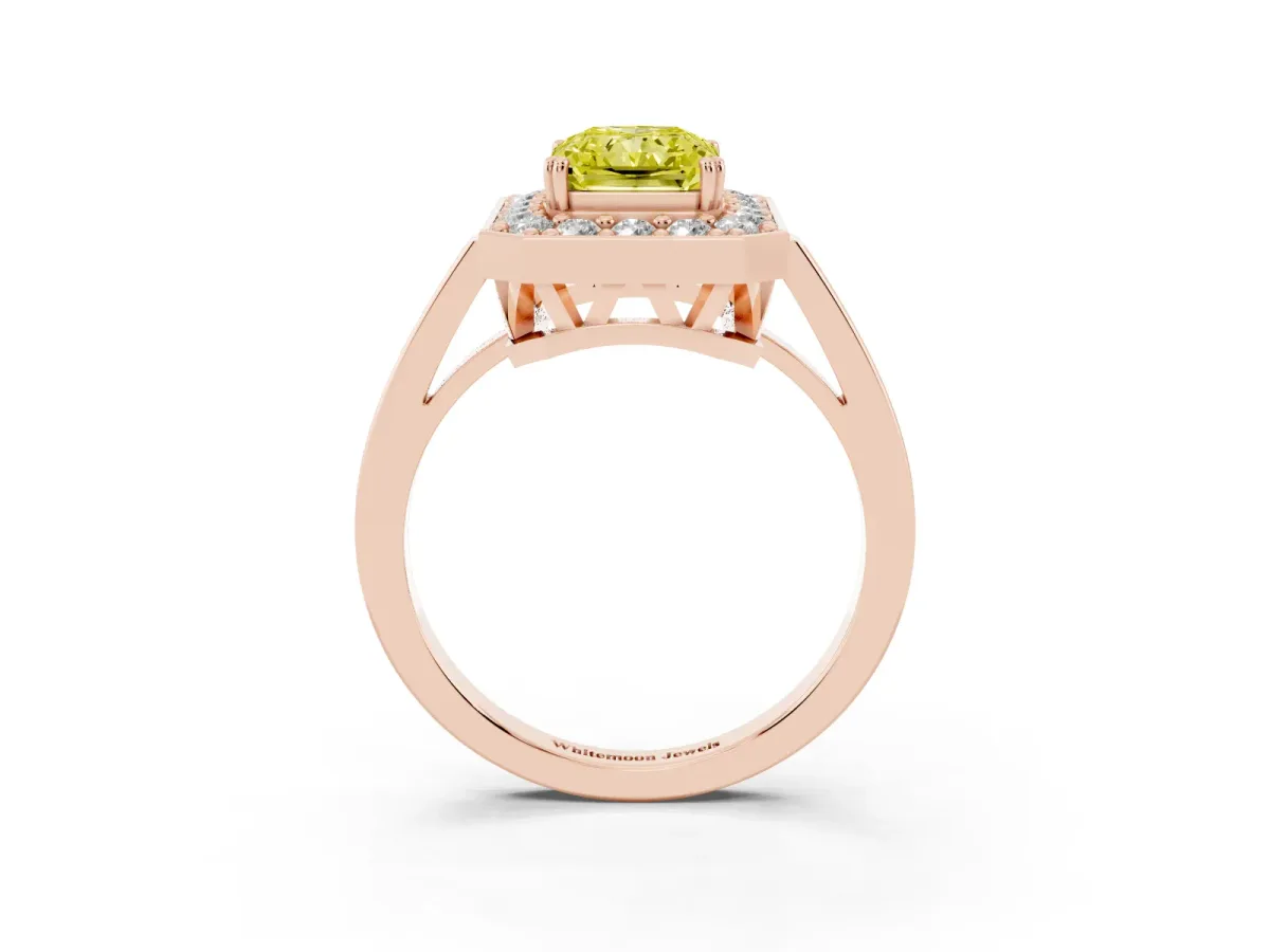 Fancy Yellow Radiant Cut Diamond Halo Ring with Split Shank and Four-Prong Setting Rose gold