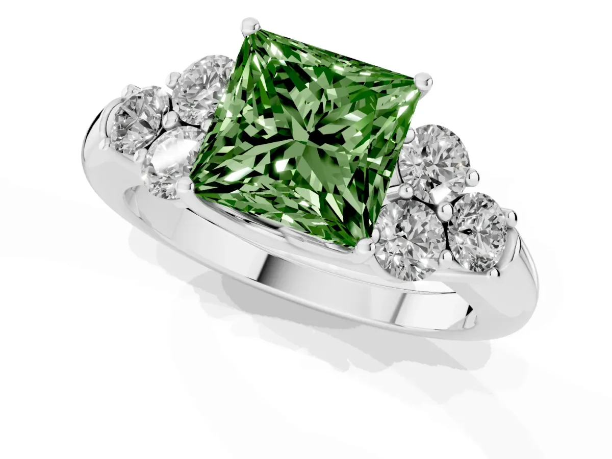 Fancy Green Princess Cut Cut Diamond Cluster Ring with Round Accent Stones and Prong Setting on a Classic Band White gold