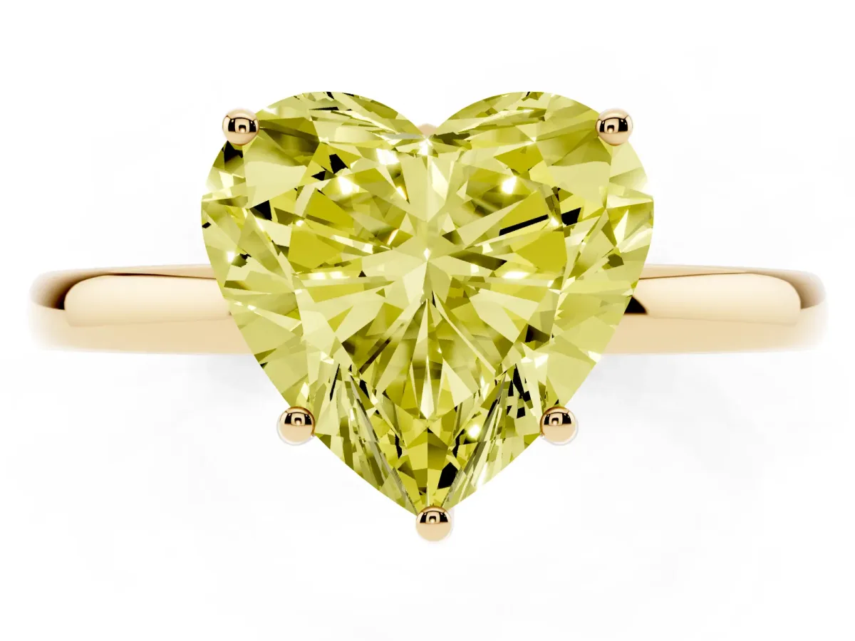 Fancy Yellow Heart Cut Solitaire Diamond Ring with Prong Setting and Plain Band Yellow gold