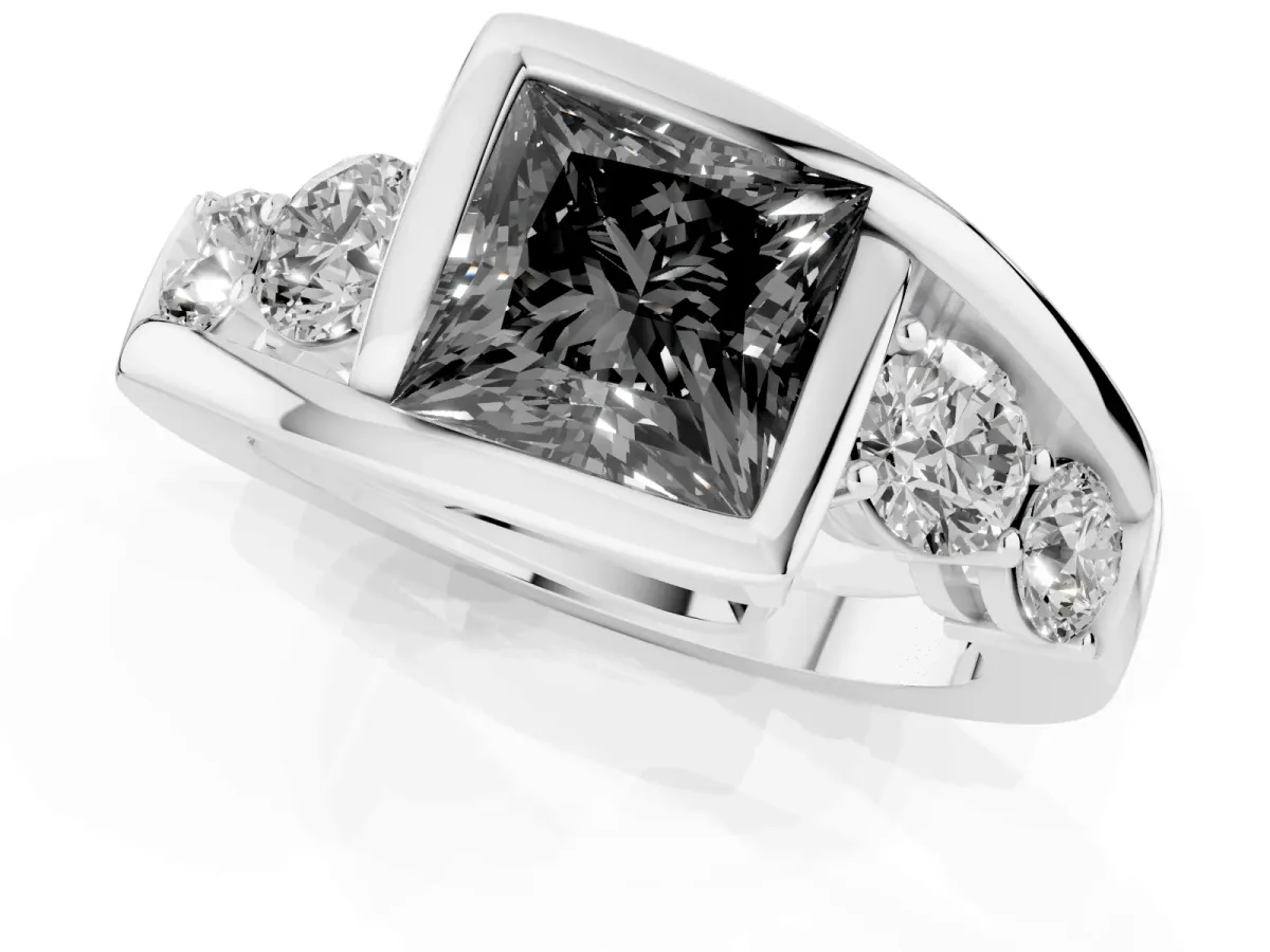 Fancy Black Bezel Set Princess Cut Diamond Bypass Ring with Round Accents Silver
