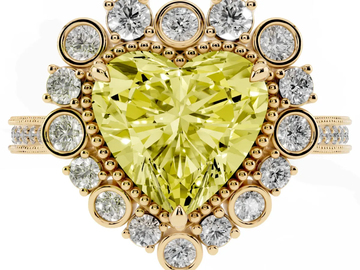 Fancy Yellow Heart Cut Halo Milgrain Pave Diamond Ring with Four-Prong Setting Yellow gold