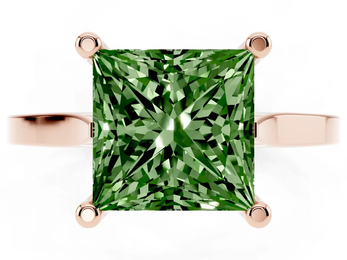 Fancy Green Princess Cut Solitaire Diamond Ring with Four-Prong Setting and Tapered Band Rose gold