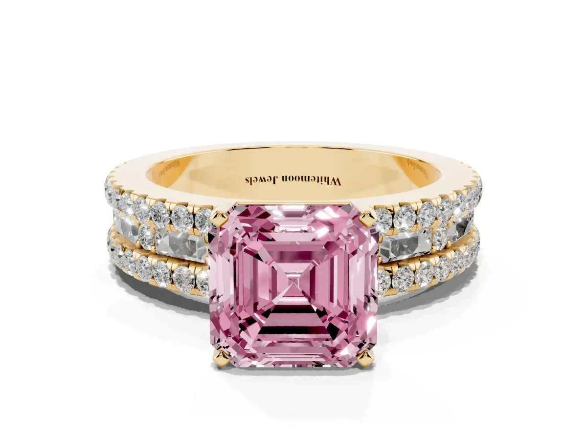 Fancy Pink Asscher Cut Diamond Solitaire Ring with Pavé and Channel Set Band Yellow gold