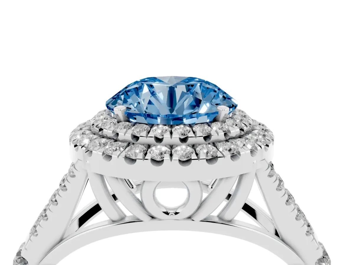Fancy Blue Round Cut Diamond Pavé Split Shank Double Halo Engagement Ring Silver