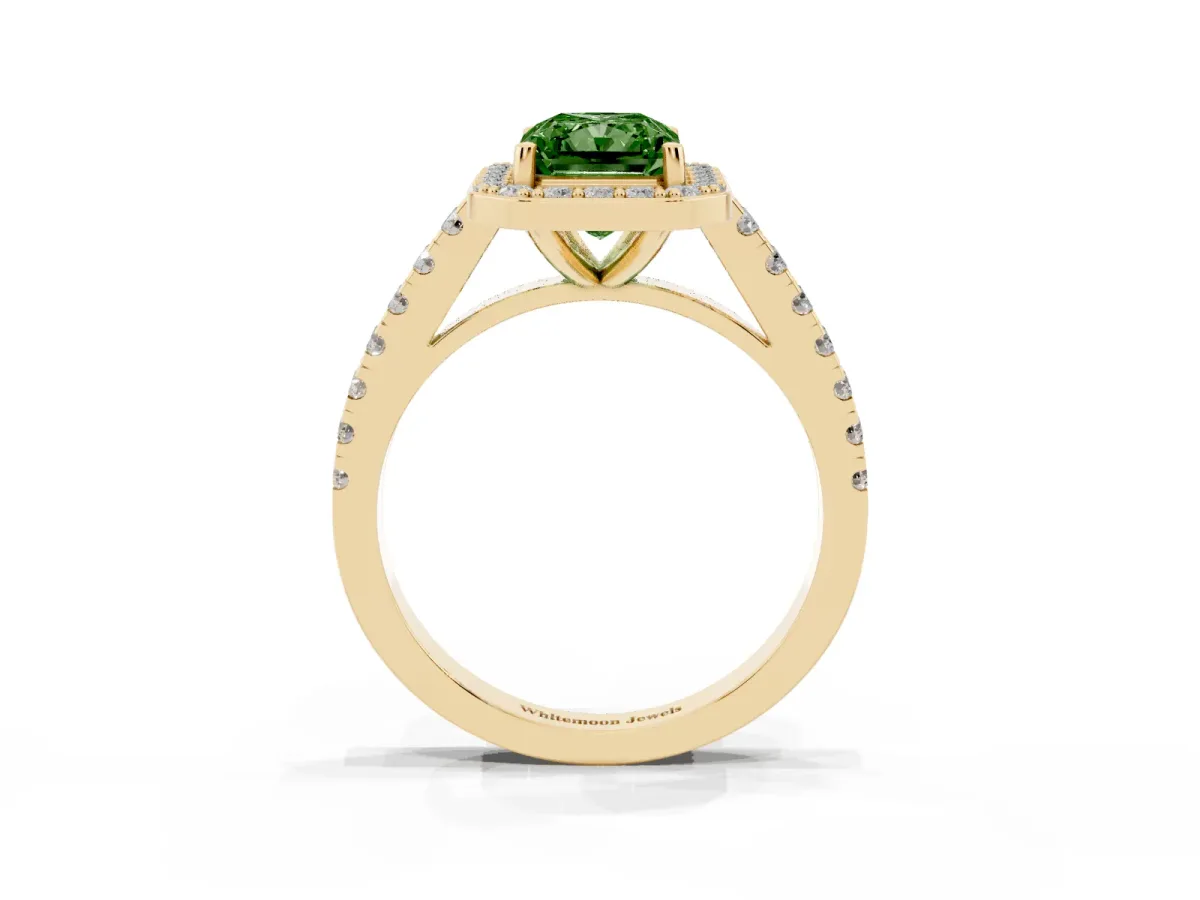 Fancy Green Radiant Cut Diamond Halo Ring with Round Pavé Split Shank and Prong Setting Yellow gold