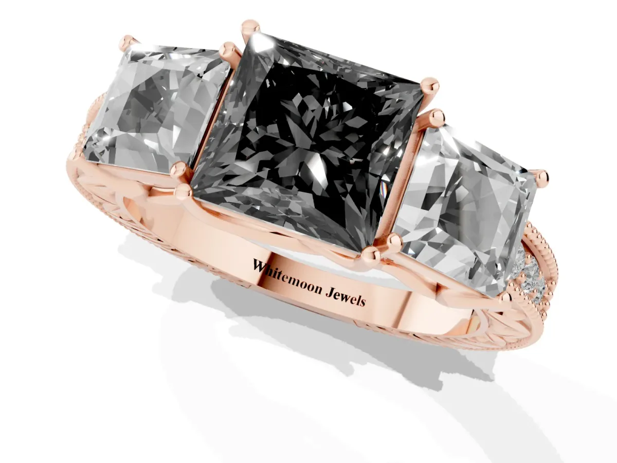 Fancy Black Three-Stone Princess Cut Cut Milgrain Pavé Engagement Ring Rose gold