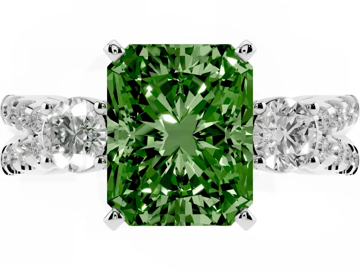 Fancy Green Radiant Cut Diamond Three-Stone Ring with Pavé Split Shank and Four-Prong Setting Silver