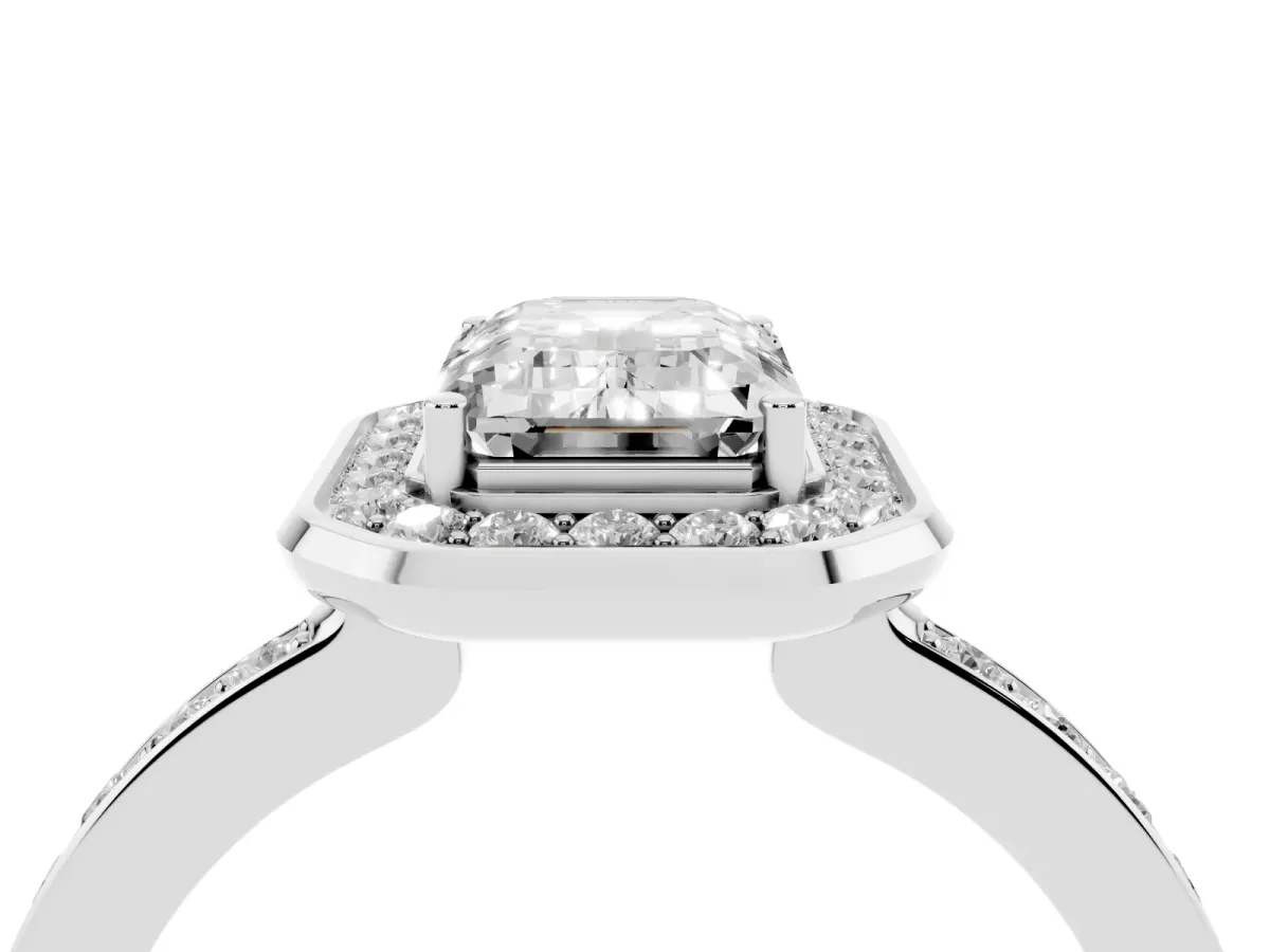Emerald Cut Diamond Halo Ring with Bezel Frame and Pavé Band Platinum
