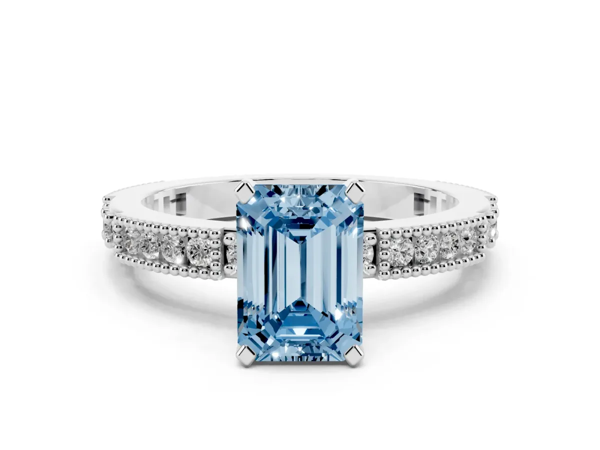 Fancy Blue Emerald Cut Solitaire with Pavé Band and Four-Prong Setting Silver