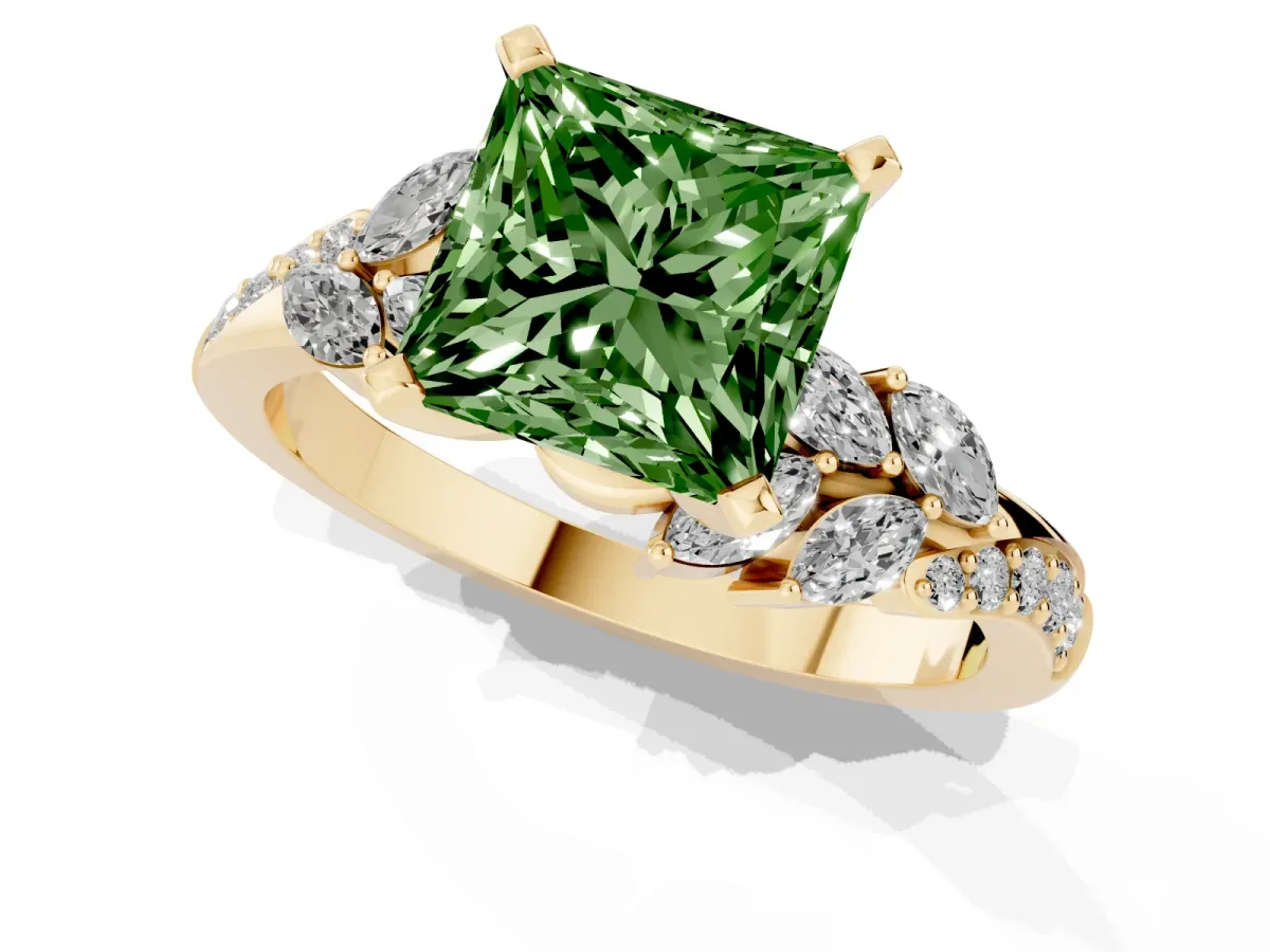 Fancy Green Princess Cut Solitaire Marquise Twist Band with Six-Prong Setting Yellow gold