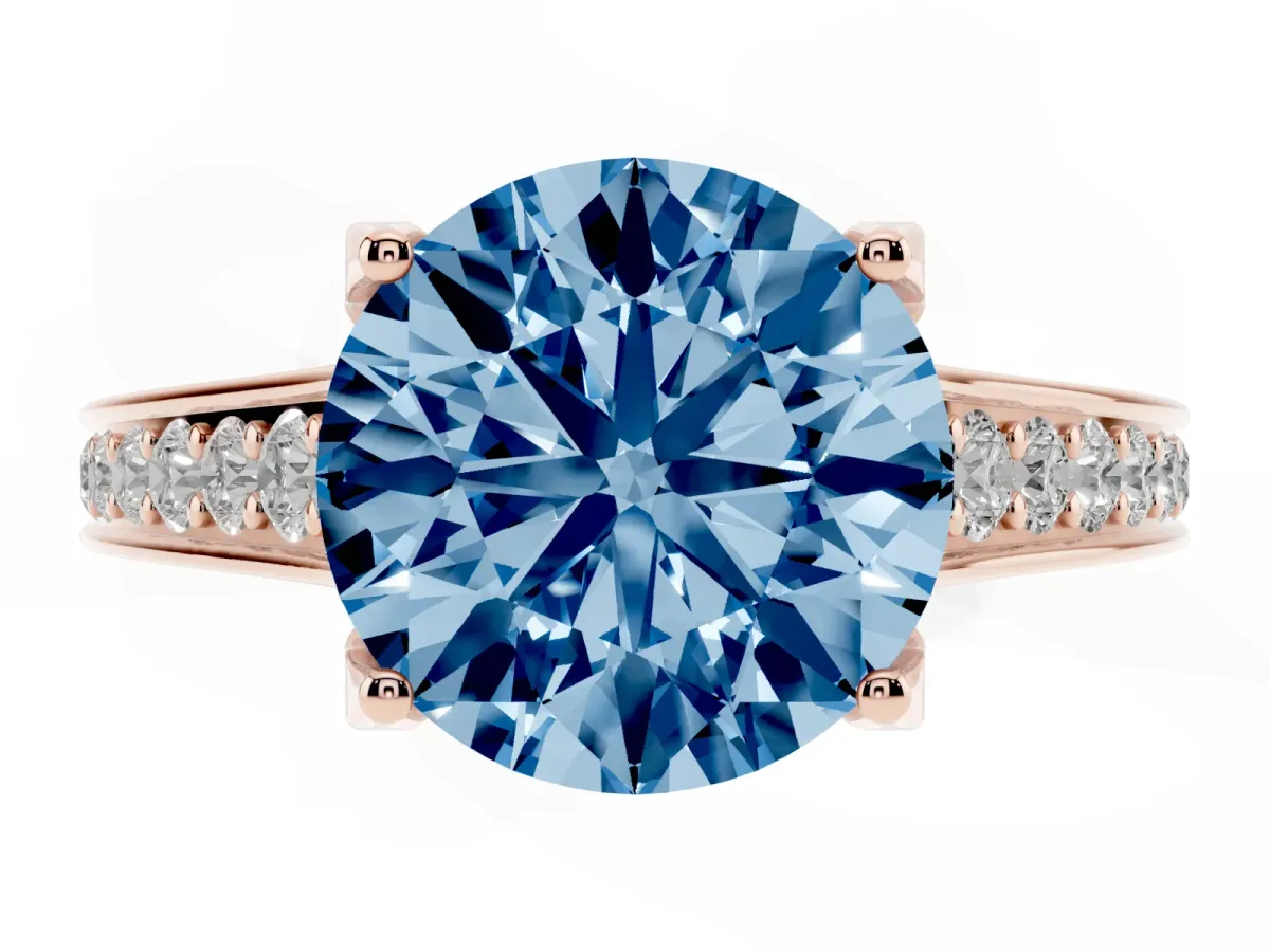 Fancy Blue Round Cut Brilliant Cut Diamond Engagement Ring with Pavé Band and Four-Prong Setting Rose gold