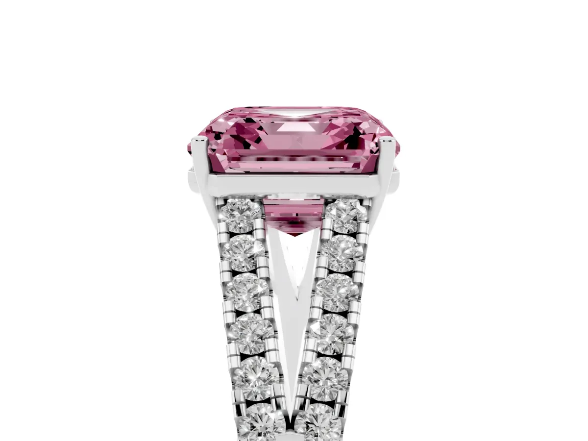 Fancy Pink Asscher Cut Diamond Split Shank Engagement Ring with Round Pavé and Prong Setting Silver